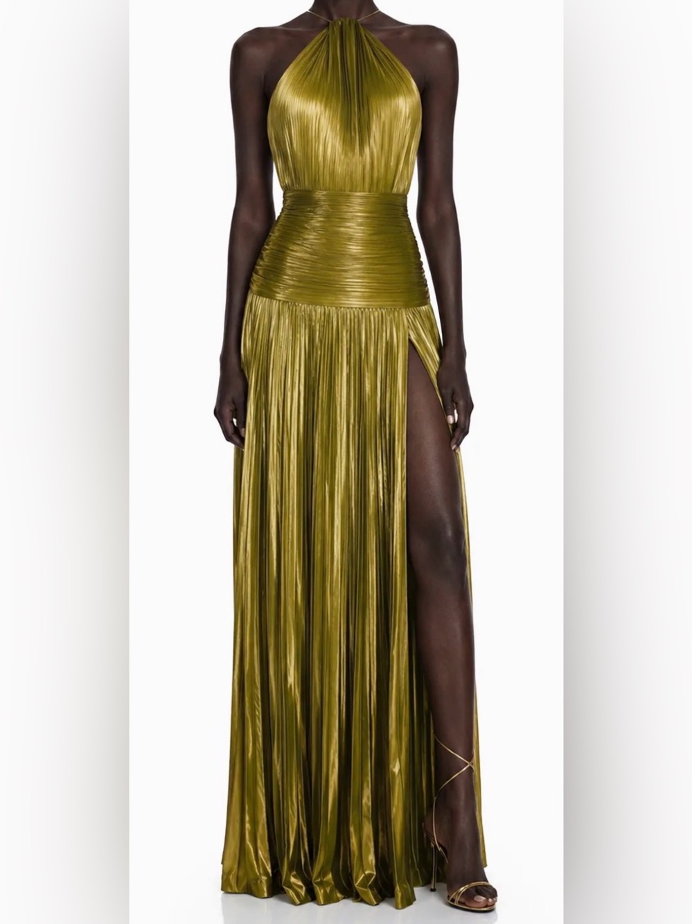 Metallic Olive Green Pleated High-Slit Maxi Dress